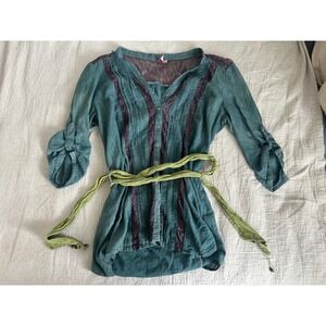 Dolled Up by Fang Teal Lace Trim Pintuck Tunic Shirt Button L Fairy Goblin